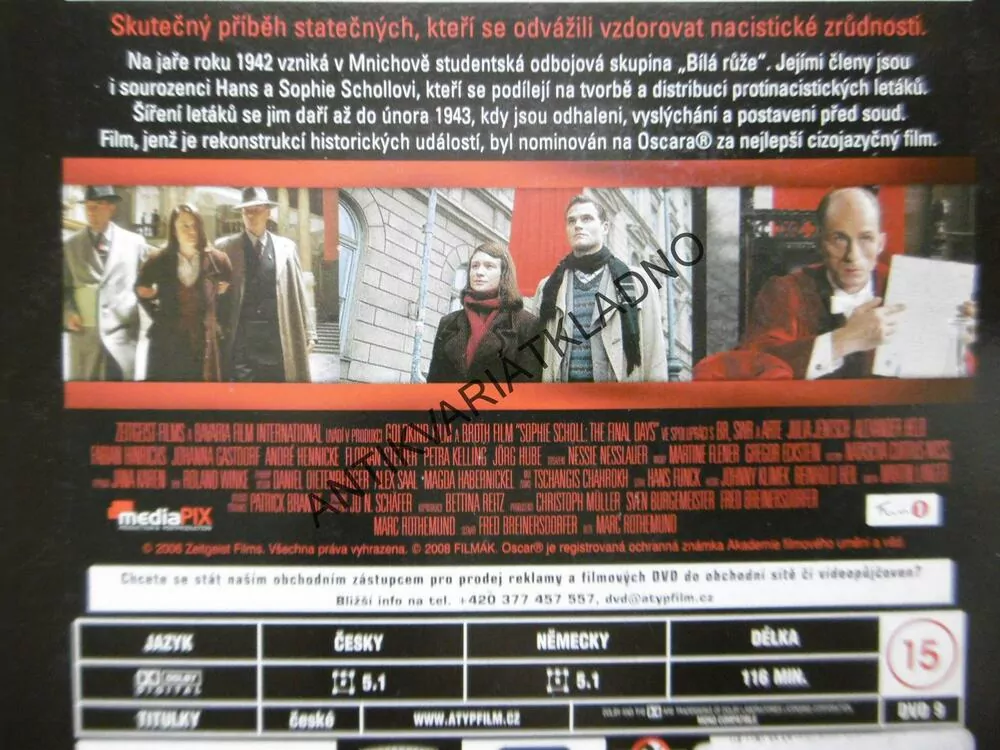 BOJOVALA PROTI HITLEROVI, SOPHIE SCHOLL POSLEDNÍ DNY, DVD FILM