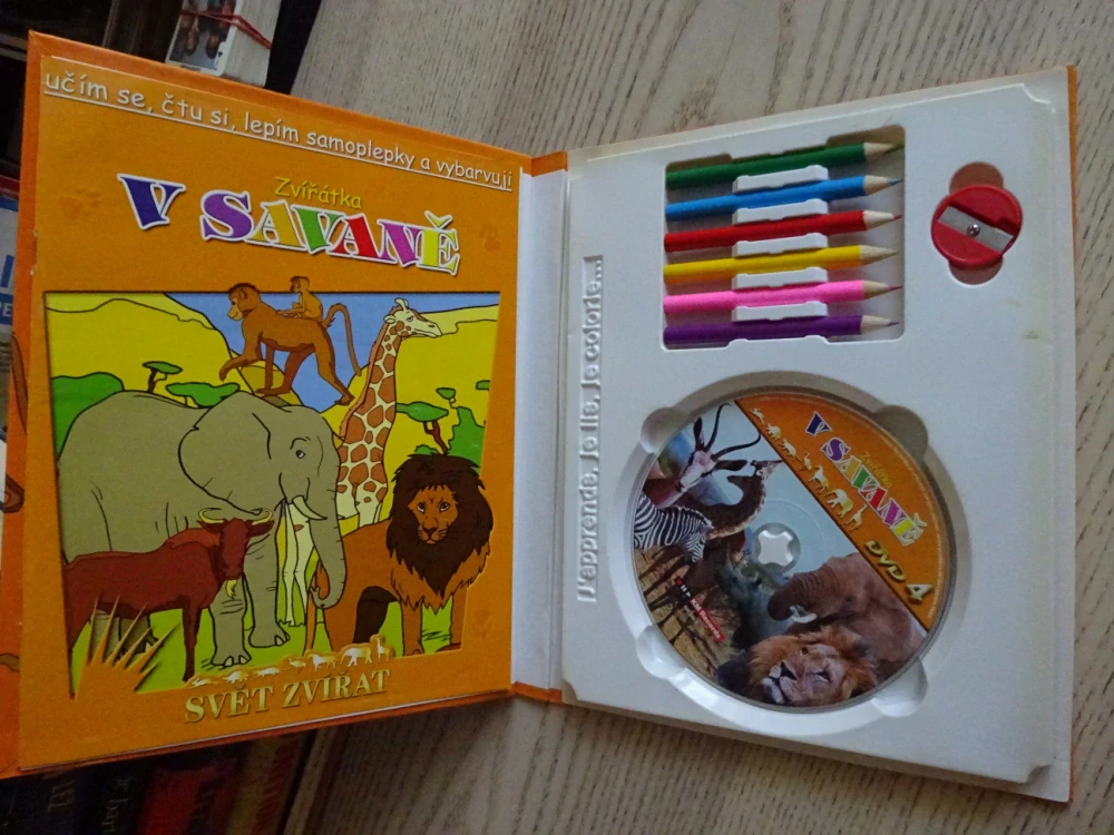 V SAVANĚ, SVĚT ZVÍŘAT, DVD + SAMOLEPKY, PASTELKY, OŘEZÁVÁTKO, OMALOVÁNKY
