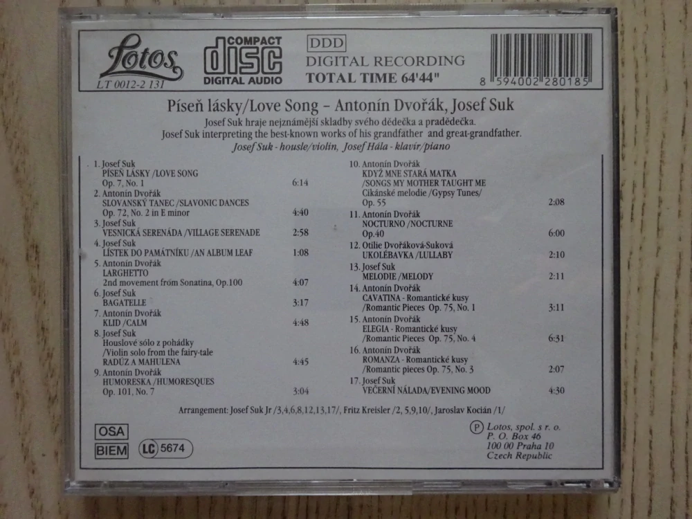 ANTONÍN DVOŘÁK, PÍSEŇ LÁSKY, CD HUDBA