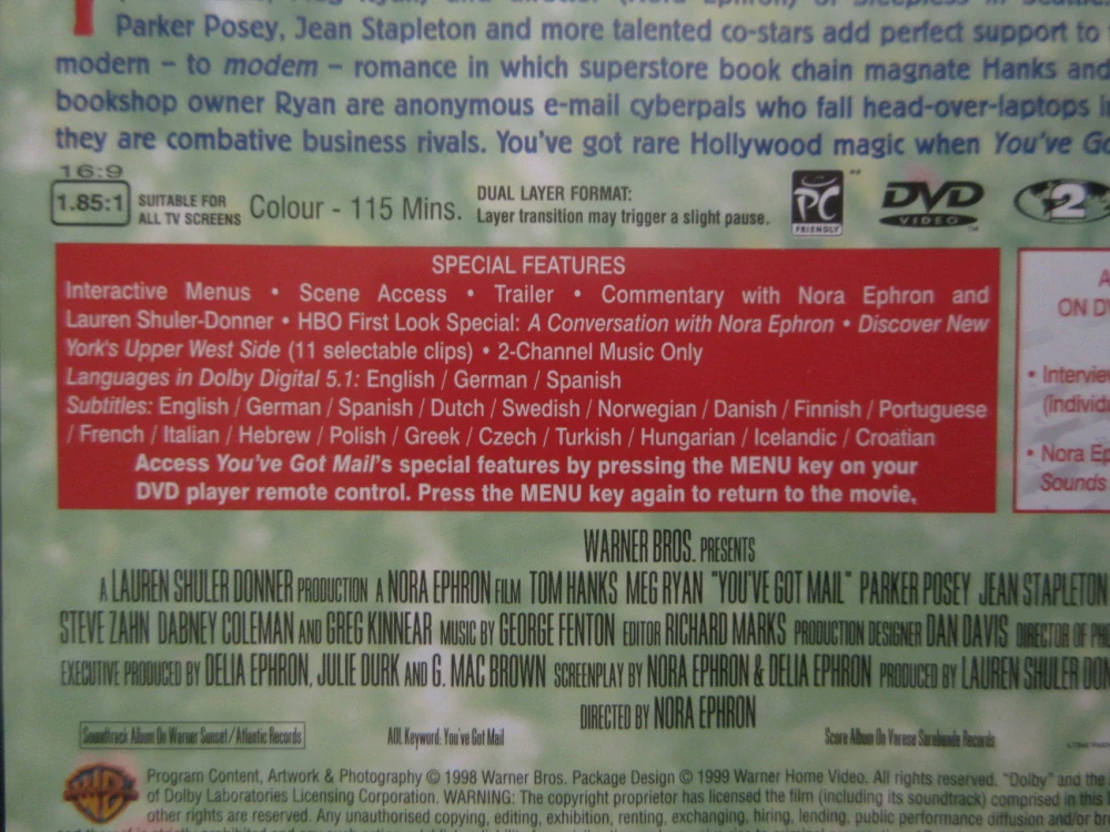 LÁSKA PŘES INTERNET, T. HANKS, M. RYAN, DVD FILM