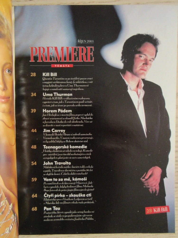 FILMOVÝ ČASOPIS PREMIERE, KILL BILL, Q. TARANTINO, U. THURMAN, J. CARREY, J. TRAVOLTA, 10/2003