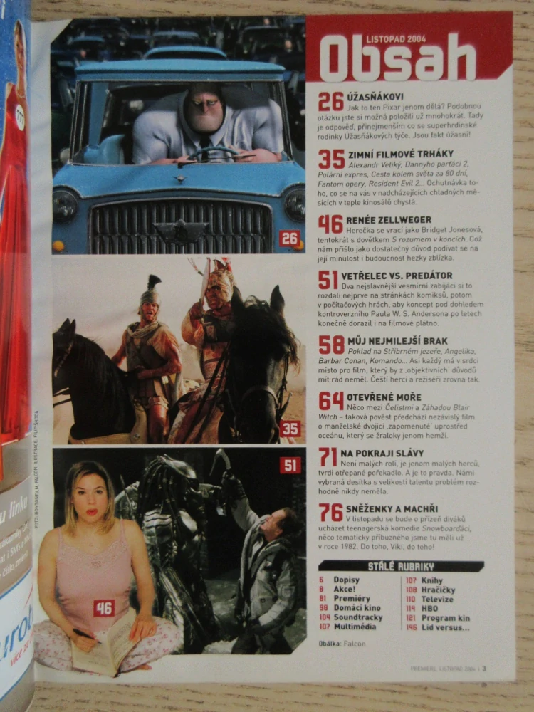 FILMOVÝ ČASOPIS PREMIERE, ÚŽASŇÁKOVI, R. ZELLWEGER, VETŘELEC VS. PREDÁTOR, LISTOPAD/2004