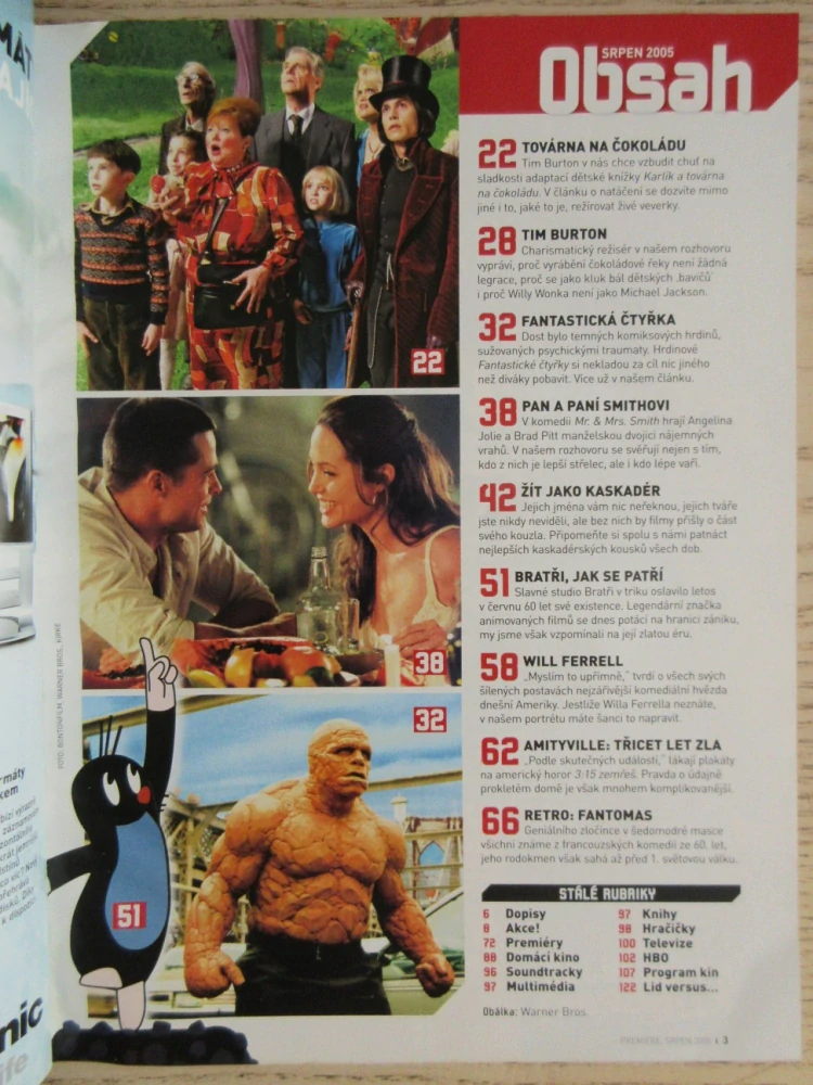 FILMOVÝ ČASOPIS PREMIERE, J. DEPP, T. BURTON, KARLÍK A TOVÁRNA NA ČOKOLÁDU, W. FERRELL, PAN A PANÍ SMITHOVI, SRPEN/2005