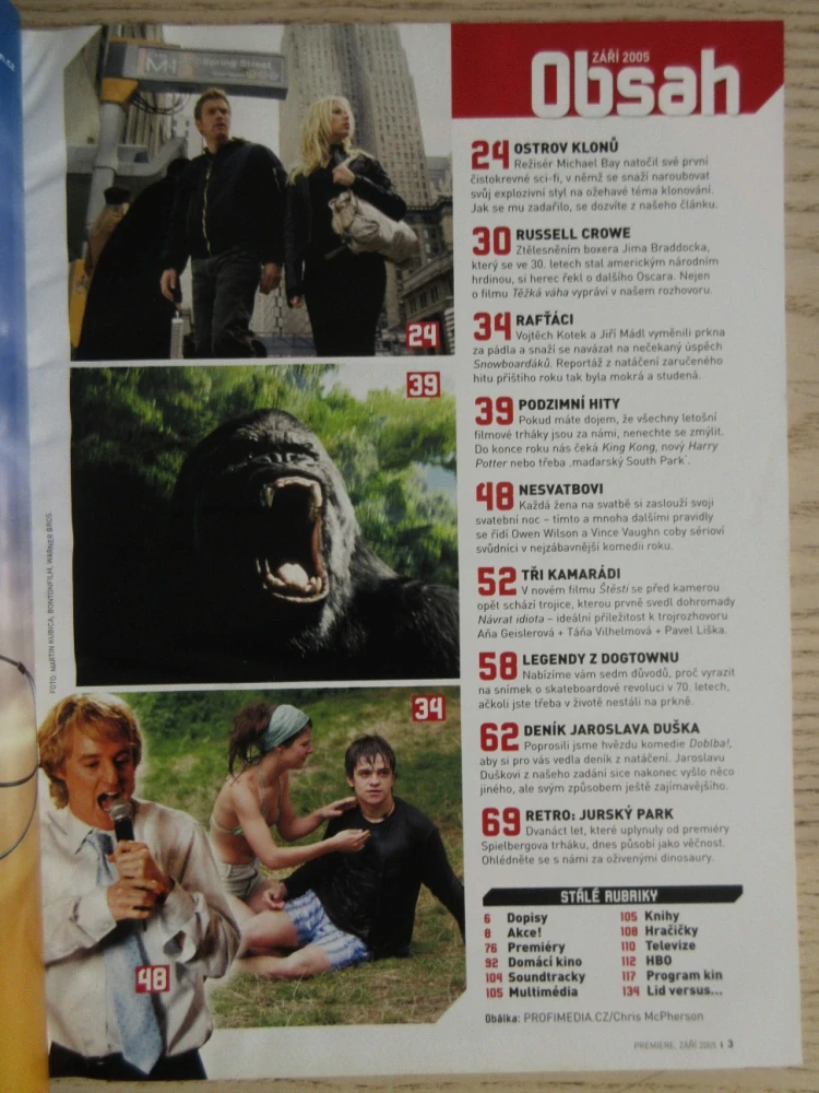 FILMOVÝ ČASOPIS PREMIERE, RAFŤÁCI, R. CROWE, O. WILSON, V. VAUGHN, JURSKÝ PARK, ZÁŘÍ/2005