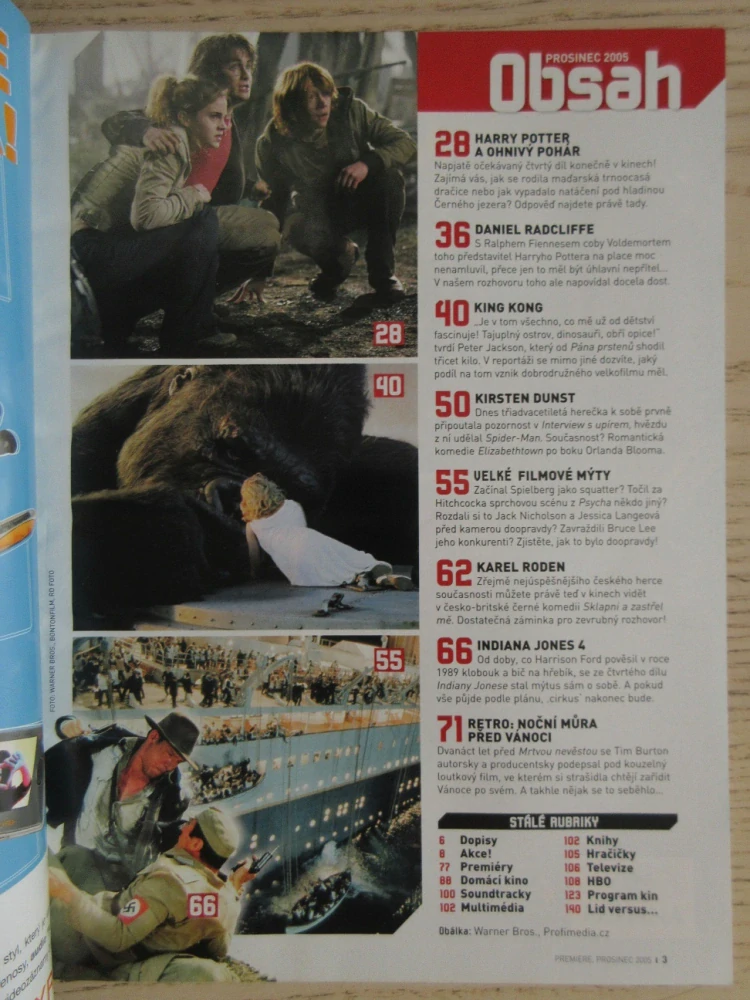 FILMOVÝ ČASOPIS PREMIERE, HARRY POTTER A OHNIVÝ POHÁR, D. RADCLIFFE, K. RODEN, K. DUNST, KING KONG, INDIANA JONES 4, PROSINEC/2005