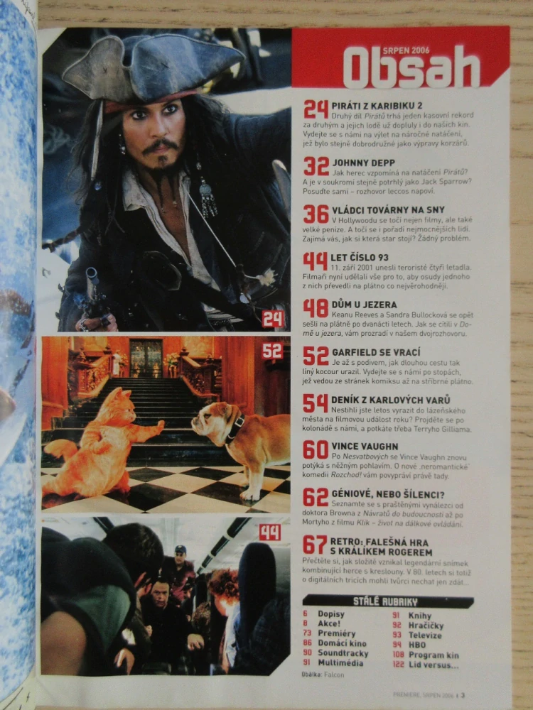 FILMOVÝ ČASOPIS PREMIERE, V. VAUGHN, PIRÁTI Z KARIBIKU 2, J. DEPP, GARFIELD SE VRACÍ, SRPEN/2006