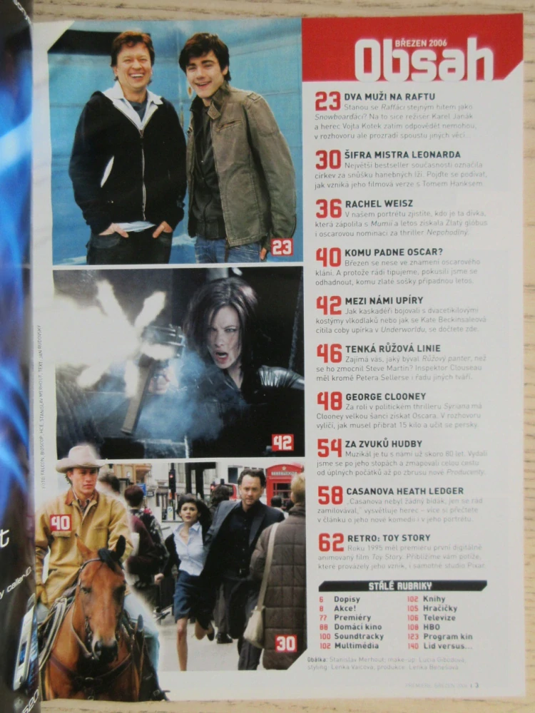 FILMOVÝ ČASOPIS PREMIERE, RAFŤÁCI, V. KOTEK, J. MÁDL, R. WEISZ, TOY STORY, G. CLOONEY, H. LEDGER, BŘEZEN/2006