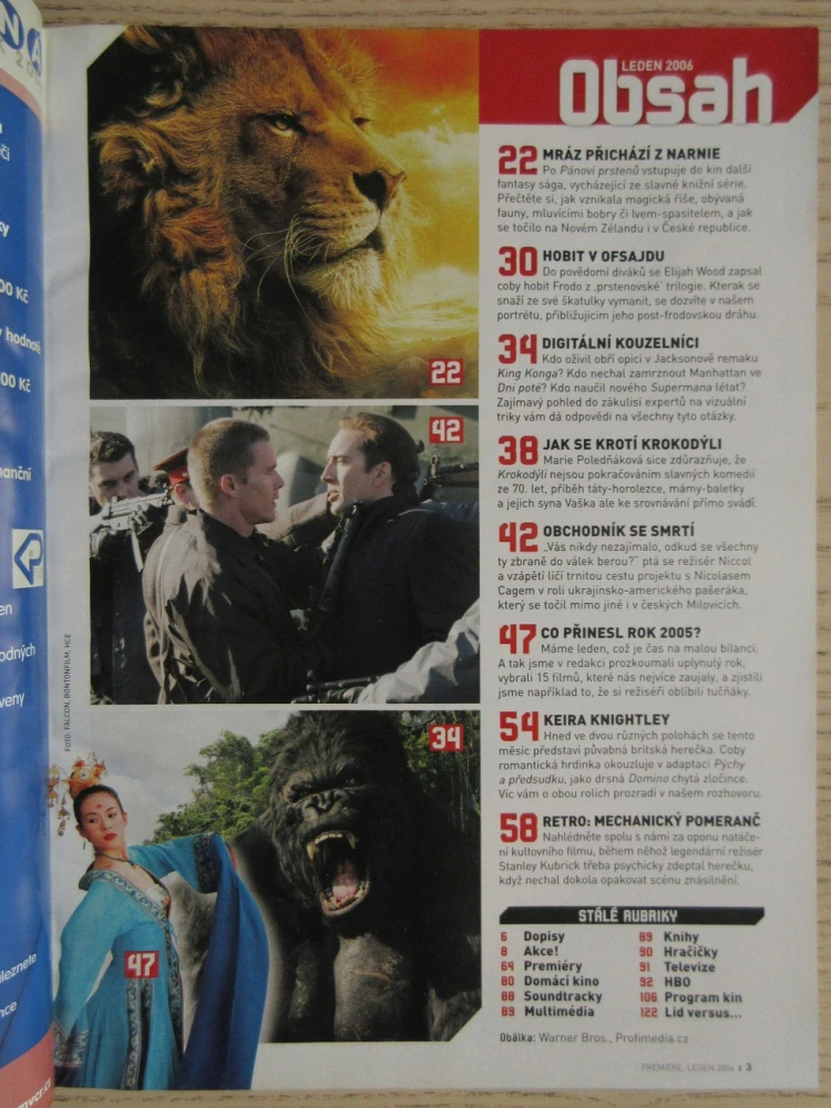 FILMOVÝ ČASOPIS PREMIERE, NARNIE, K. KNIGHTLEY, OBCHODNÍK SE SMRTÍ, JAK SE KROTÍ KROKODÝLI, LEDEN/2006