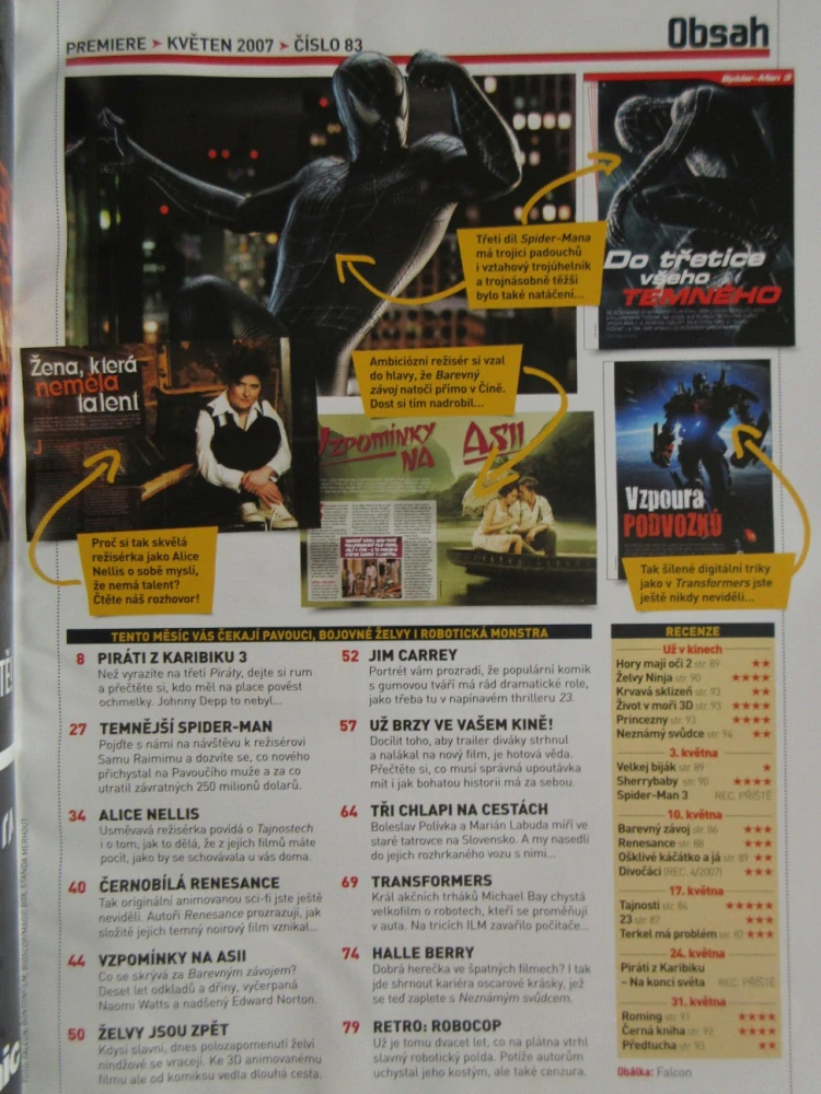 FILMOVÝ ČASOPIS PREMIERE, PIRÁTI Z KARIBIKU 3, SPIDER-MAN, A. NELLIS, J. CARREY, TRANSFORMERS, ROBOCOP, KVĚTEN/2007