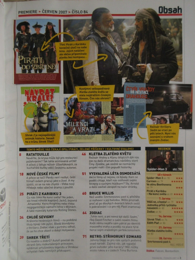 FILMOVÝ ČASOPIS PREMIERE, PIRÁTI Z KARIBIKU 3, J. DEPP, RATATOUILLE, CH. SEVIGNY, SHREK TŘETÍ, B. WILLIS, ZODIAC, STŘIHORUKÝ EDWARD, ČERVEN/2007