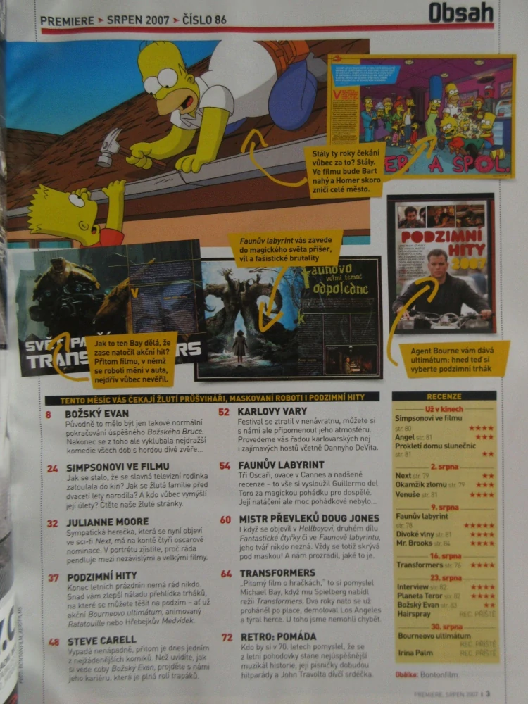 FILMOVÝ ČASOPIS PREMIERE, SIMPSONOVI VE FILMU, BOŽSKÝ EVAN, TRANSFORMERS, POMÁDA, S. CARELL, J. MOORE, SRPEN/2007