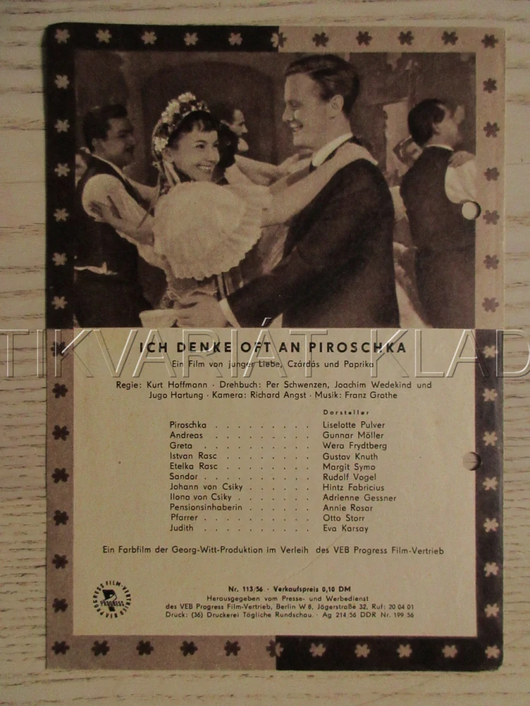 ICH DENKE OFT AN PIROSCHKA, L. PULVER, G. MOLLER, W. FRYDTBERG, FILM SRN, FILM KURIER VBŠ Č. 113/56