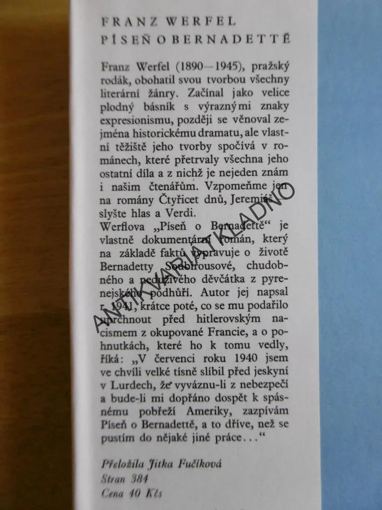 PÍSEŇ O BERNADETTĚ, FRANZ WERFEL, **an