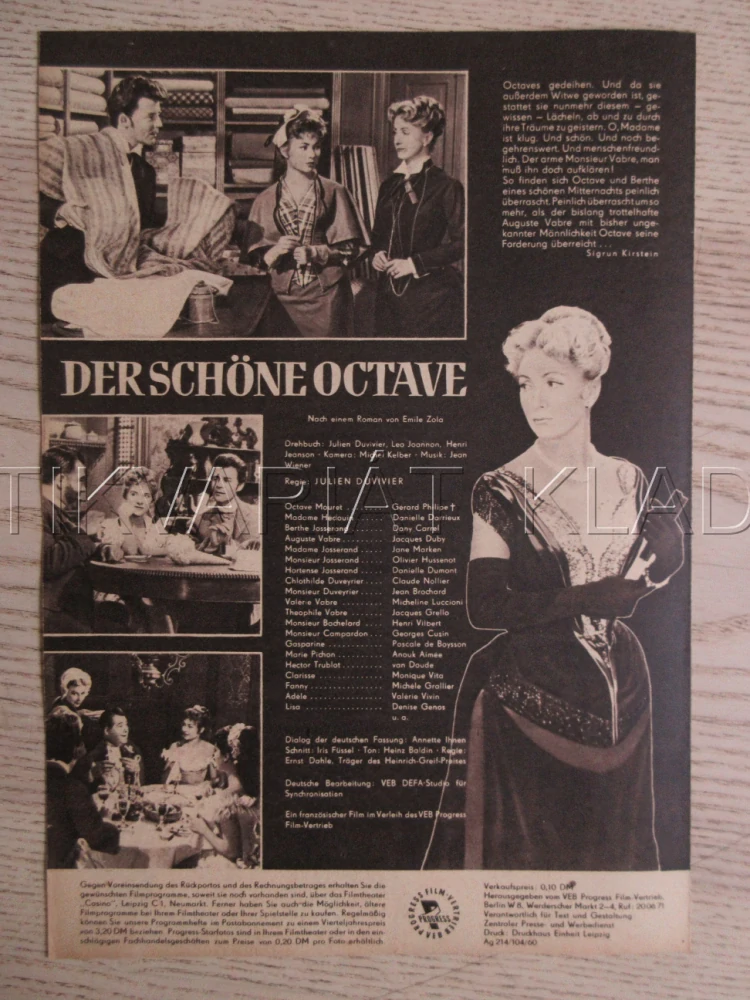 POD POKLIČKOU, DIE SCHÖNE OCTAVE, FILM FR, G. PHILIPE, BIO PROGRAM ČŠ-2 Č. 188