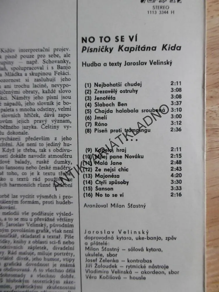 NO TO SE VÍ, PÍSNIČKY KAPITÁNA KIDA, VELINSKÝ, LP