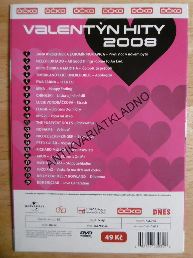 VALENTÝN 2008, FARNA, CHINASKI, FERGIE, HRŮZA, VONDRÁČKOVÁ,AJ., DVD HUDBA