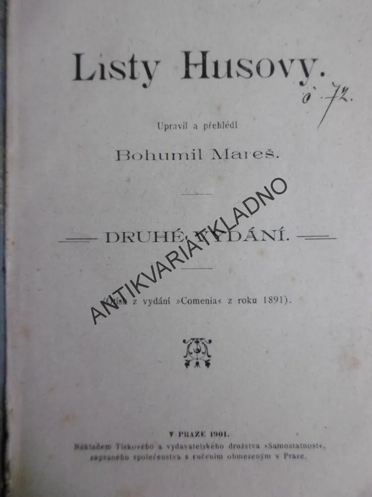 LISTY HUSOVY, BOHUMIL MAREŠ, 1901