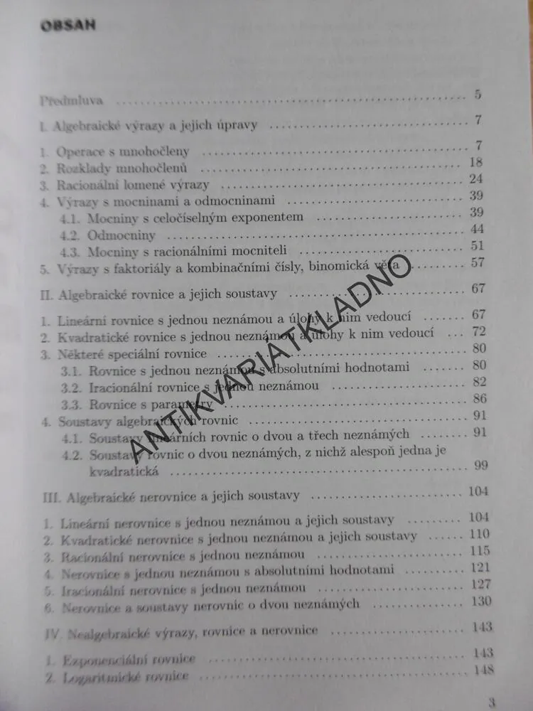 SBÍRKA ÚLOH Z MATEMATIKY PRO STŘEDNÍ ŠKOLY, VÝRAZY, ROVNICE, NEROVNICE A JEJICH SOUSTAVY