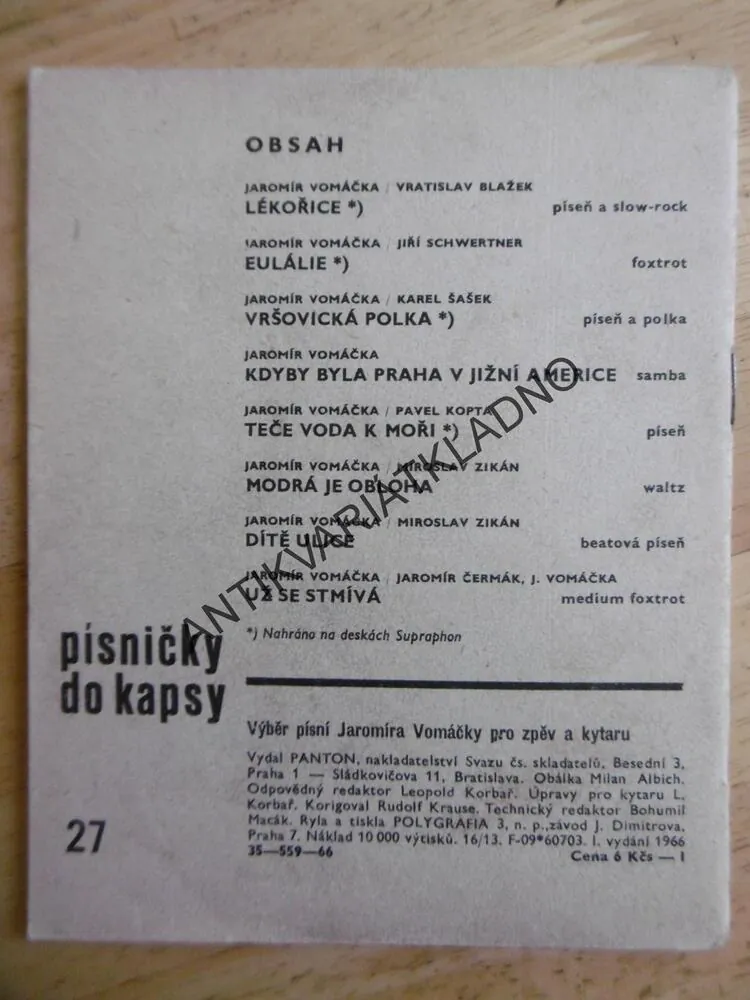 PÍSNIČKY DO KAPSY 27., JAROMÍR VOMÁČKA, ZPĚVNÍK, NOTY, TEXTY, 1 ks,
