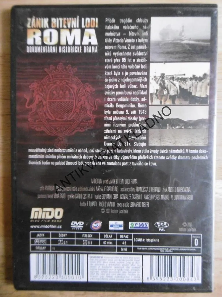 ZÁNIK BITEVNÍ LODI ROMA, DVD FILM DOKUMENT