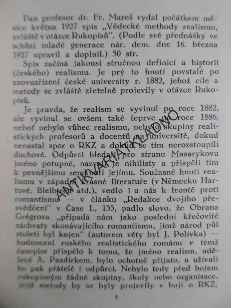 VĚDECKÉ METODY PANA PROF. DR. FRANT. MAREŠE V OTÁZCE RUKOPISŮ, A. KRAUS, 1928, KLADNO, **an