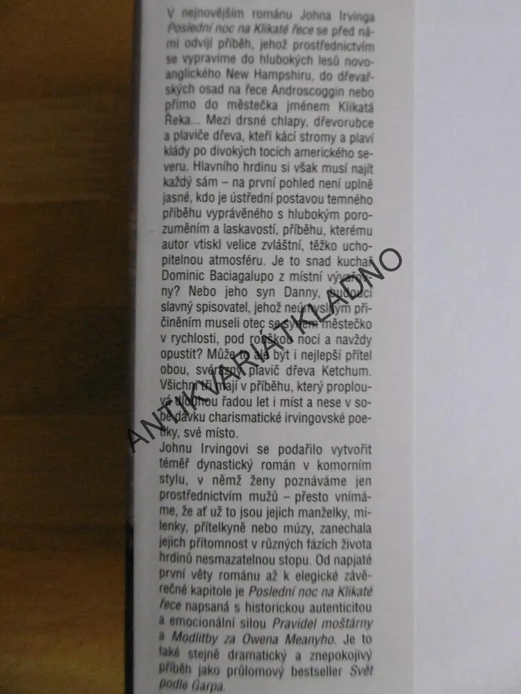 POSLEDNÍ NOC NA KLIKATÉ ŘECE, JOHN IRVING, **an