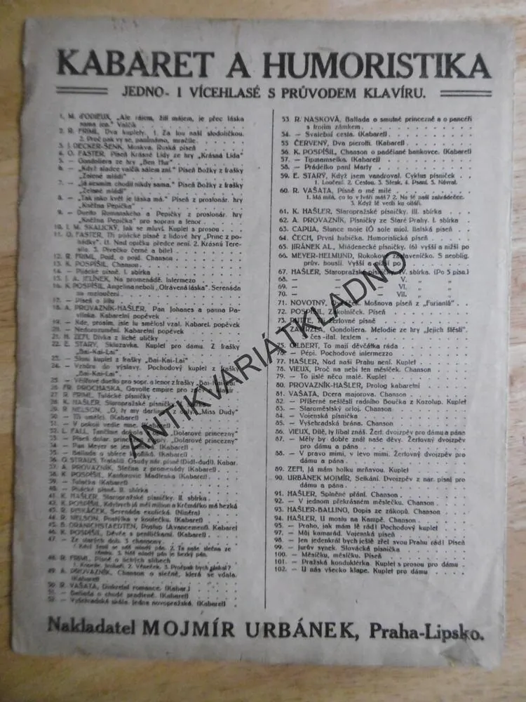 STAROPRAŽSKÉ PÍSNIČKY, KAREL HAŠLER, TEXTY, 1 ks, ZPĚVNÍK