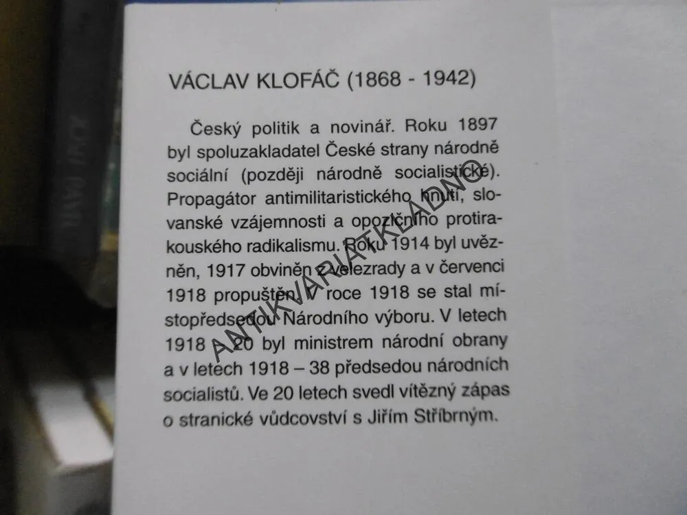 VÁCLAV KLOFÁČ A JEHO NÁRODNÍ SOCIALISMUS, JOSEF KREČMER, MASARYK, **an