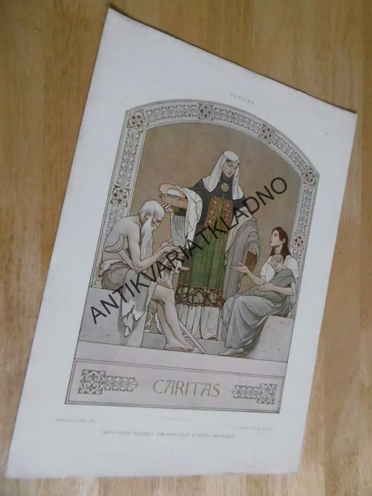 DEKORATIVNÍ TISK 1904 - CHARITA, CHUDÍ LIDÉ, ALMUŽNA, ŽEBRÁNÍ, MUŽ, PES, ŽENA DÍTĚ