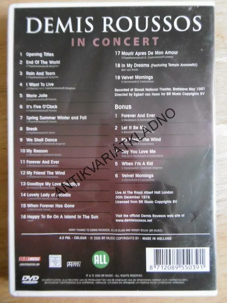 DEMIS ROUSSOS IN CONCERT, DVD HUDBA