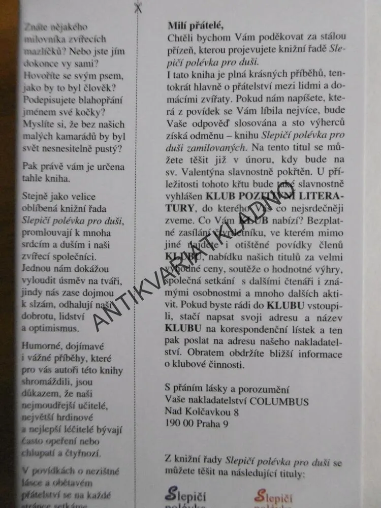 SLEPIČÍ POLÉVKA PRO DUŠI MILOVNÍKŮ DOMÁCÍCH MAZLÍČKŮ,**an