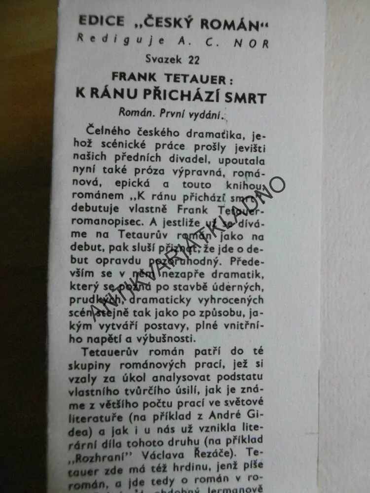 K RÁNU PŘICHÁZÍ SMRT, FRANK TETAUER, 1947, **an