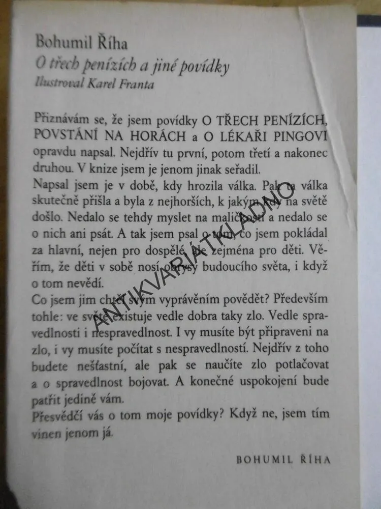 O TŘECH PENÍZÍCH A JINÉ POVÍDKY, BOHUMIL ŘÍHA, **an