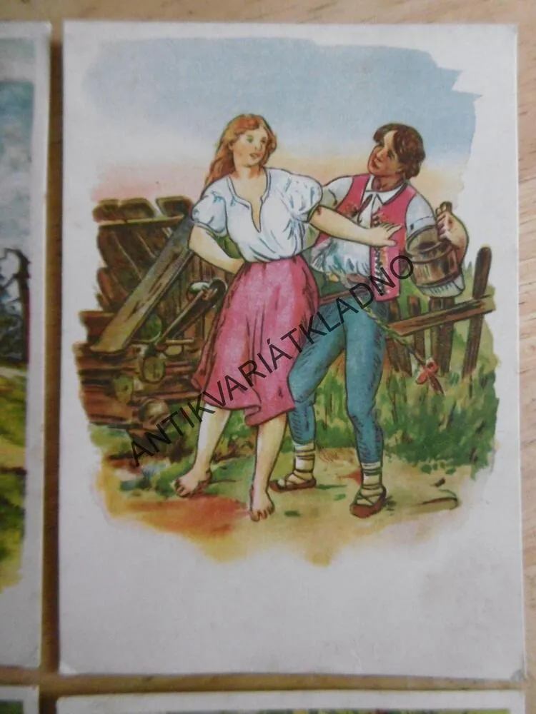MLADÝ PÁR, DÍVKA, CHLAPEC, VESNICE, CHALUPA, DŘEVO, HRÁBĚ, STUDNA, KŘÍŽ, 4 KUSY