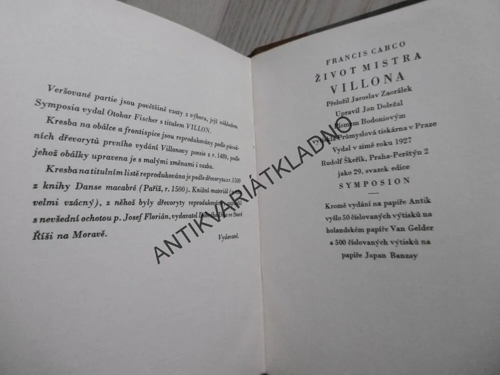 ŽIVOT MISTRA VILLONA,  1927, SYMPOSION, **an