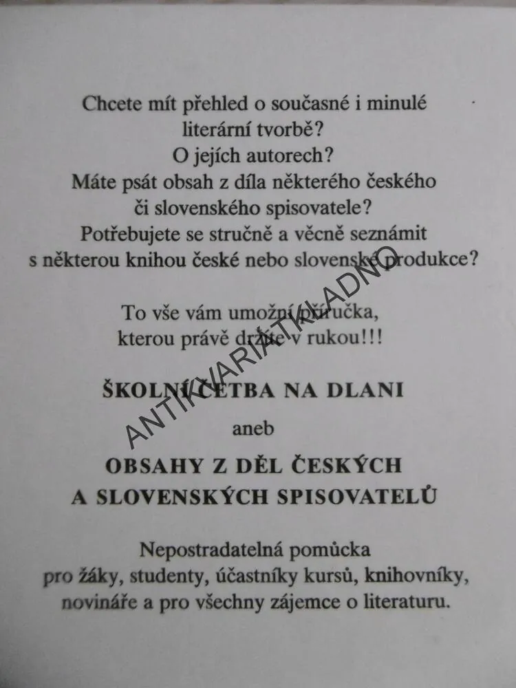 ŠKOLNÍ ČETBA NA DLANI, OBSAHY Z DĚL ČESKÝCH A SLOVENSKÝCH SPISOVATELŮ, **an