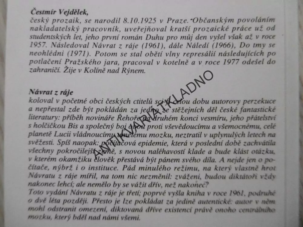NÁVRAT Z RÁJE, ČESTMÍR VEJDĚLEK, **an