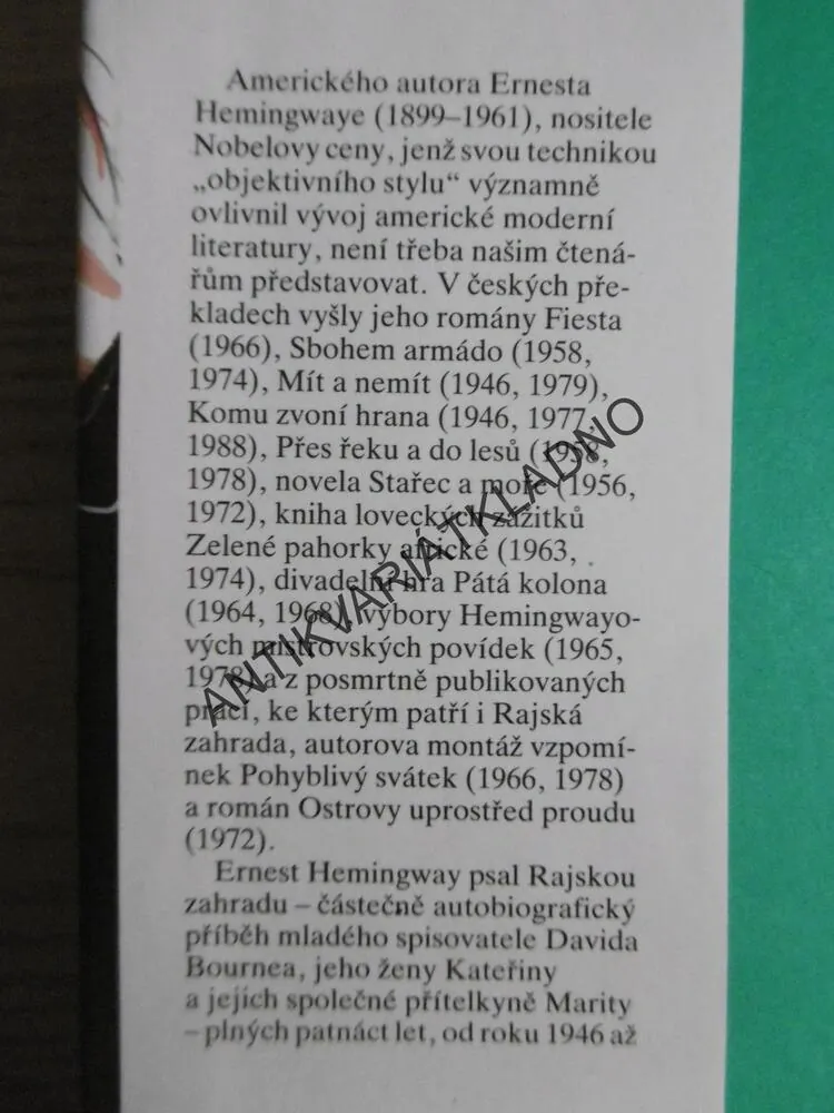 RAJSKÁ ZAHRADA, ERNEST HEMINGWAY, **an