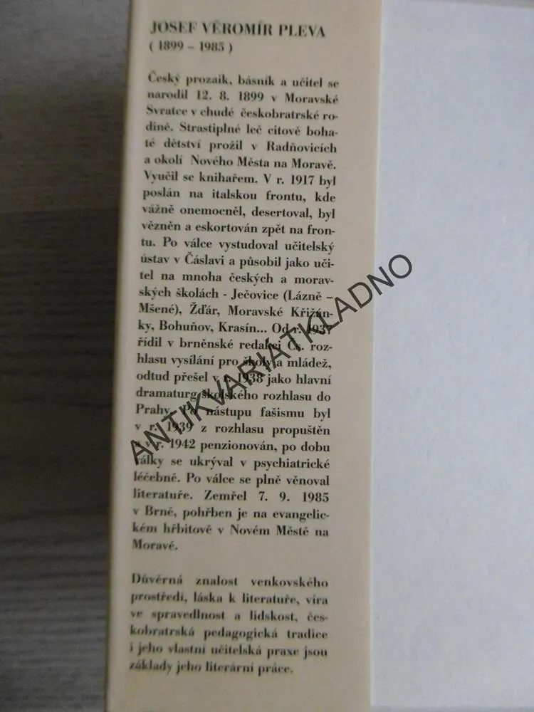 MALÝ BOBEŠ, JOSEF V. PLEVA, **an