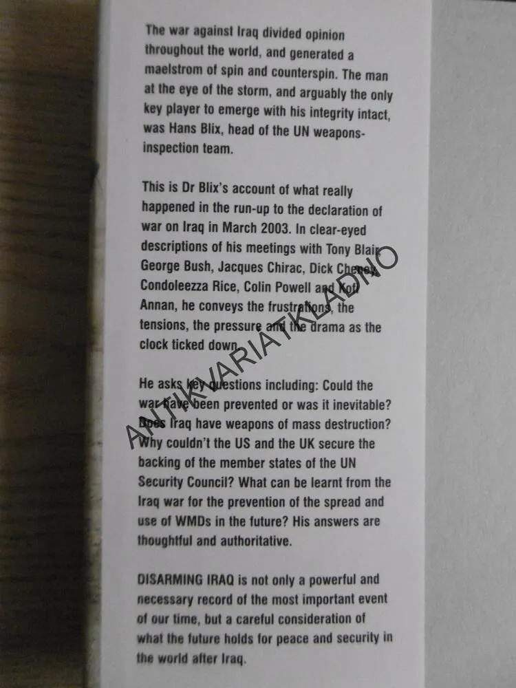 DISARMING IRAQ, HANS BLIX, ANGLICKY, **an