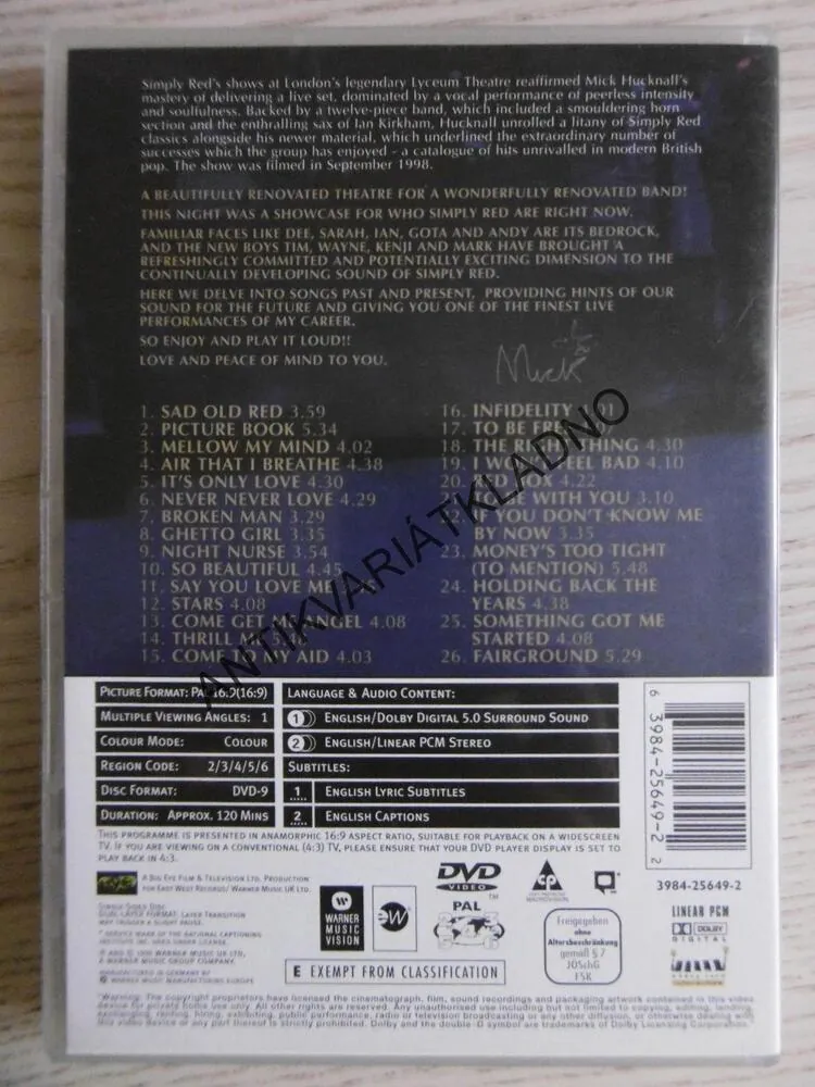 SIMPLY RED, LIVE IN LONDON, DVD HUDBA