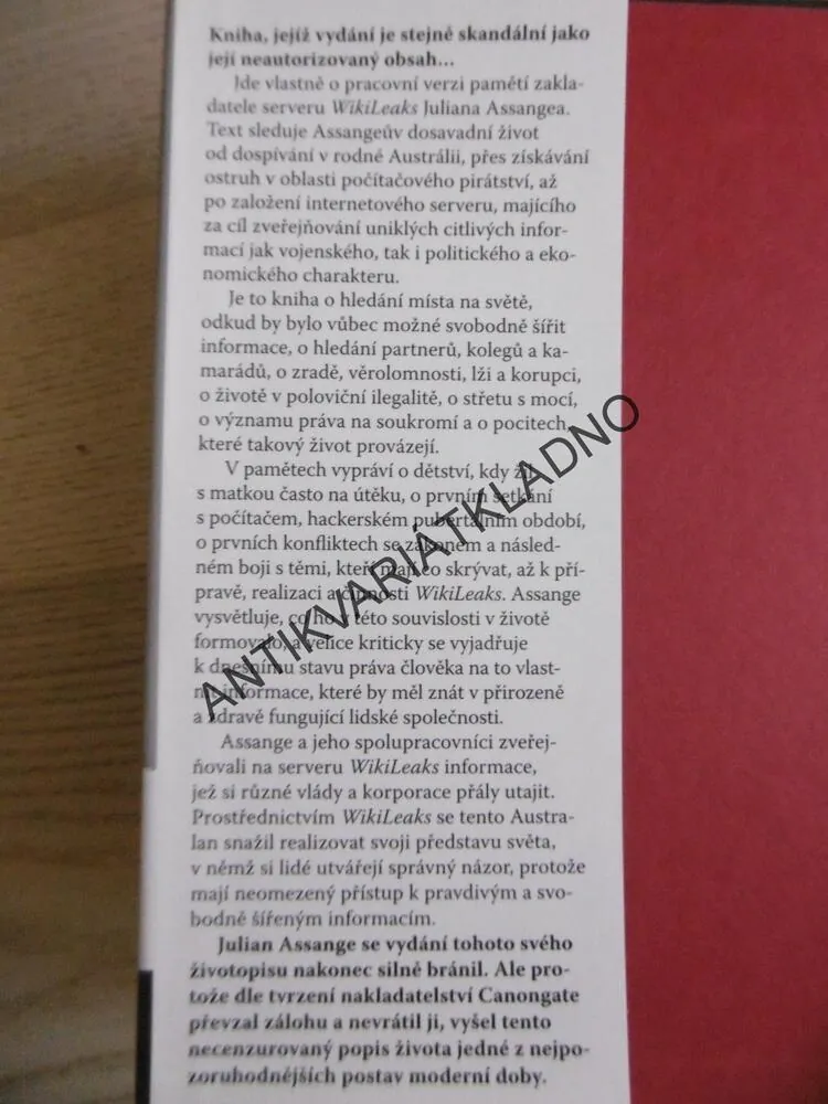 JULIAN ASSANGE, NEAUTORIZOVANÁ AUTOBIOGRAFIE, **an