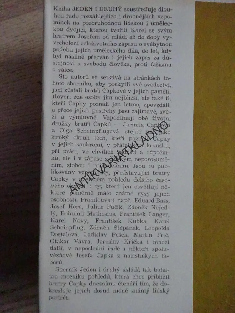 JEDEN I DRUHÝ, VZPOMÍNKY NA BRATRY ČAPKY, LADISLAV VACINA, **an