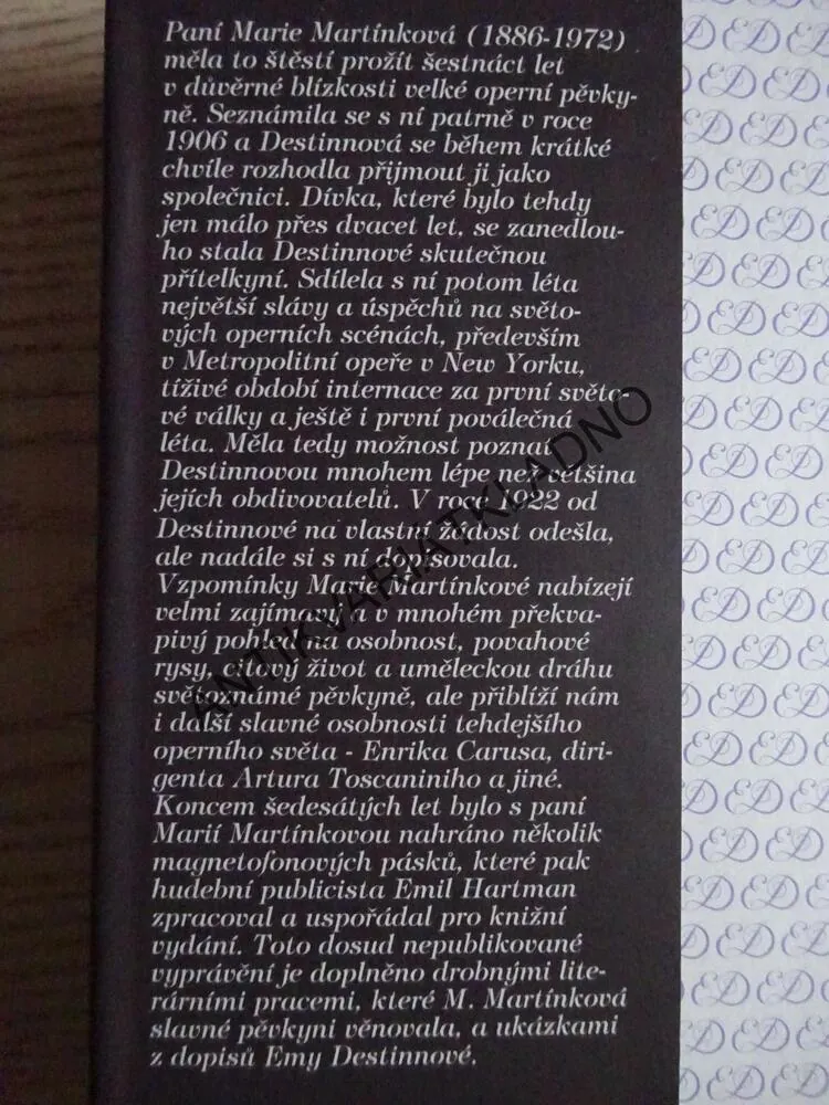 EMA DESTINNOVÁ VE VZPOMÍNKÁCH MARIE MARTÍNKOVÉ, KRÁLOVNA ZPĚVU, EMIL HARTMAN, **an