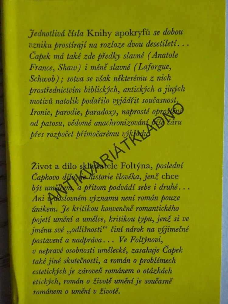 KNIHA APOKRYFŮ, ŽIVOT A DÍLO SKLADATELE FOLTÝNA, KAREL ČAPEK, **an