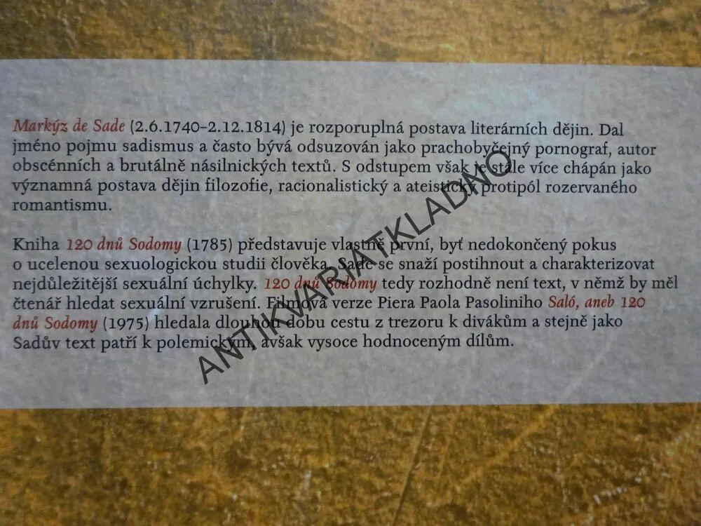 120 DNŮ SODOMY, MARKÝZ DE SADE, **an
