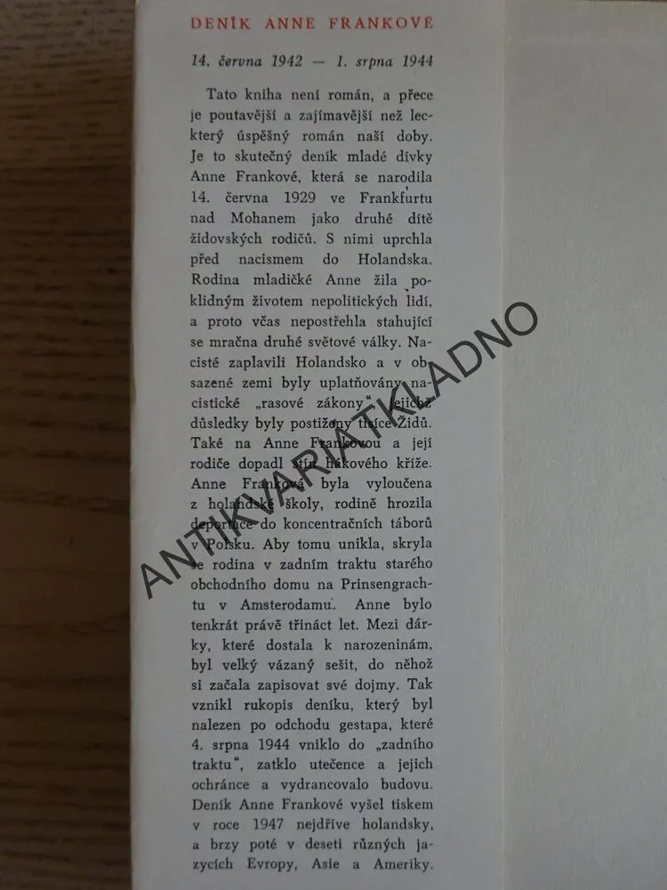 DENÍK ANNE FRANKOVÉ, FRANKOVÁ 1942-44, **an
