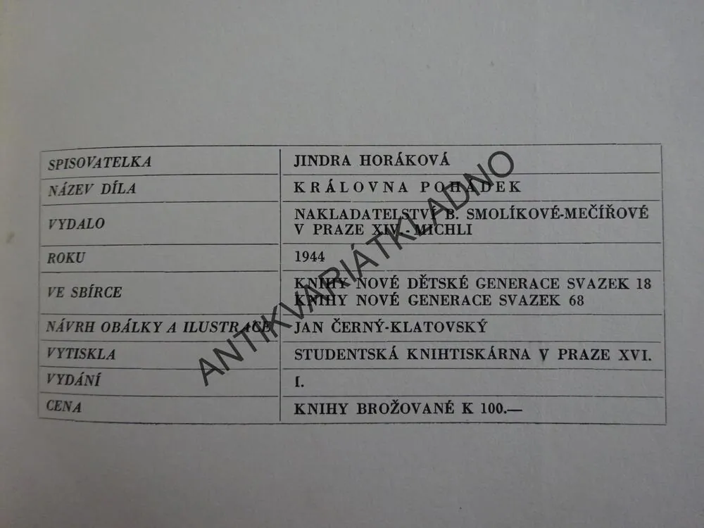 KRÁLOVNA POHÁDEK, POHÁDKY, JINDRA HORÁKOVÁ, ČERNÝ-KLATOVSKÝ, **an