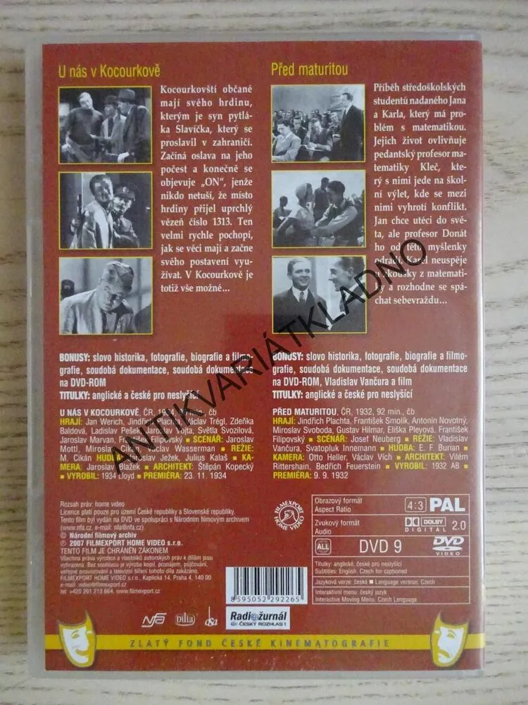 U NÁS V KOCOURKOVĚ, PŘED MATURITOU, 2X JINDŘICH PLACHTA, DVD FILM ČR