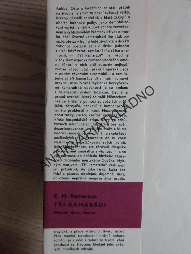 TŘI KAMARÁDI, ERICH MARIA REMARQUE, **an